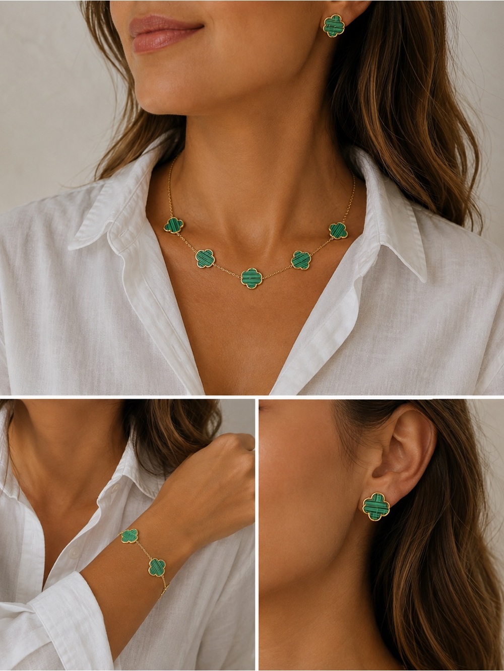 18K Gold Plated Flower clover Necklace SET green Stainless steel Womens Jewelry